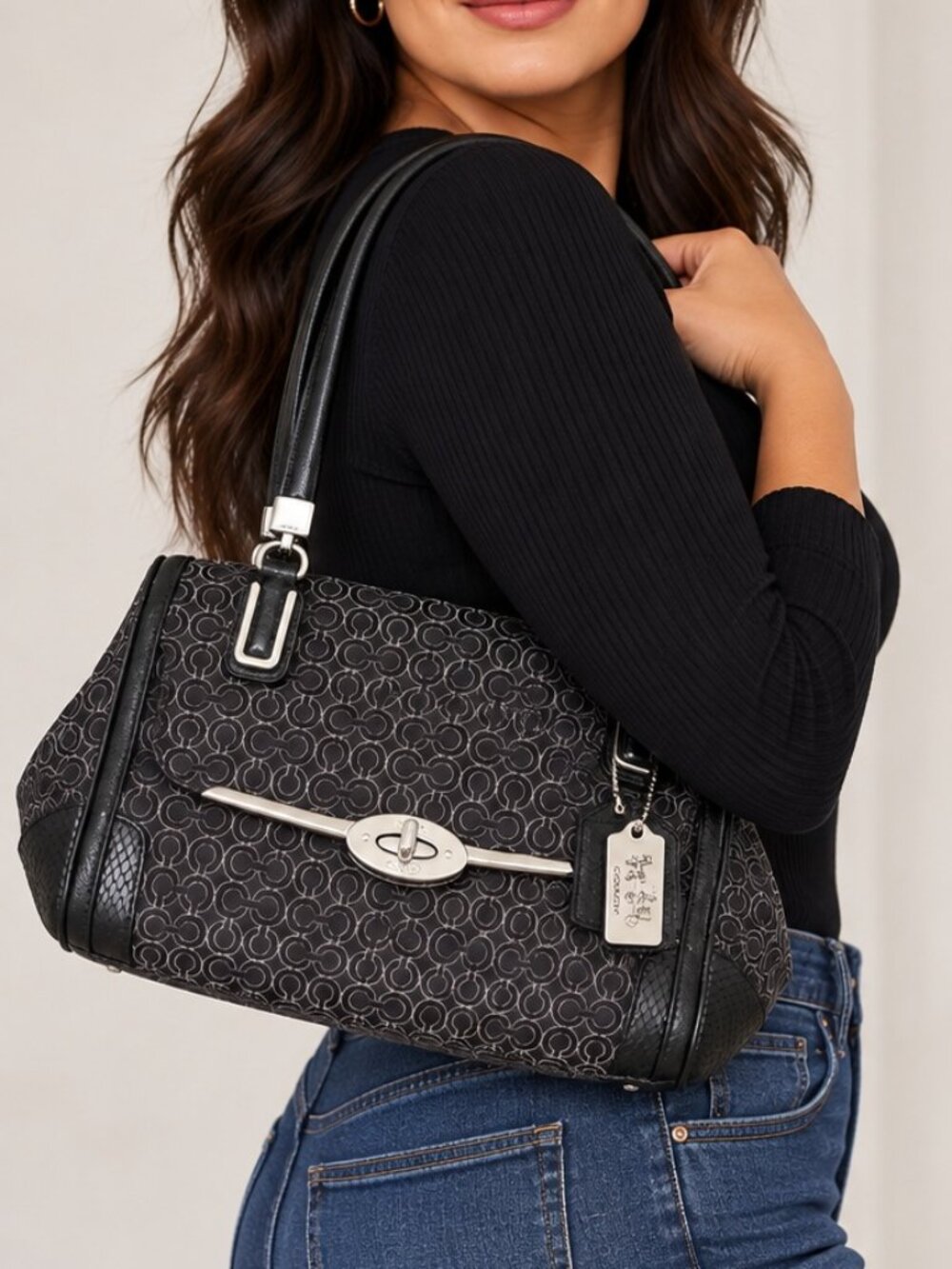 Coach Black Signature Turnlock Satchel Handbag Silver Hardware